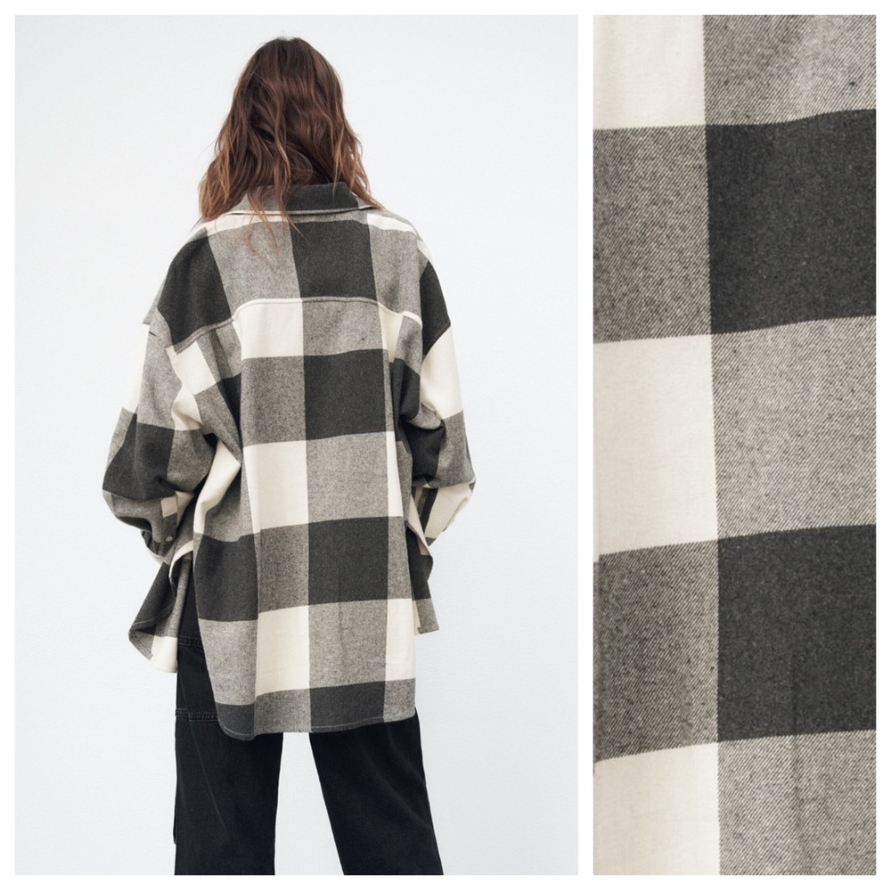NWT. Zara Oversized Black/Cream Plaid Flannel Shirt. Size M. - Picture 4 of 10